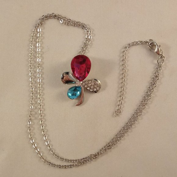 Silver Dragonfly Multi Color Crystal Pendant Chain Necklace 17" + 2" Party Gift - Picture 5 of 5